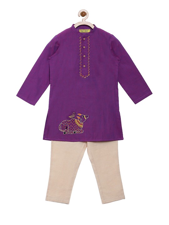 Boys Purple & Beige Embroidered Kurta with Pyjamas 2-3Y