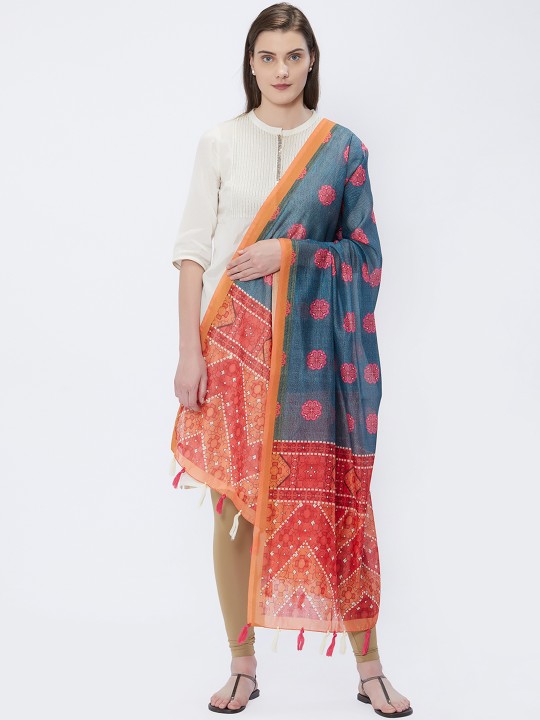 Blue & Red Printed Dupatta