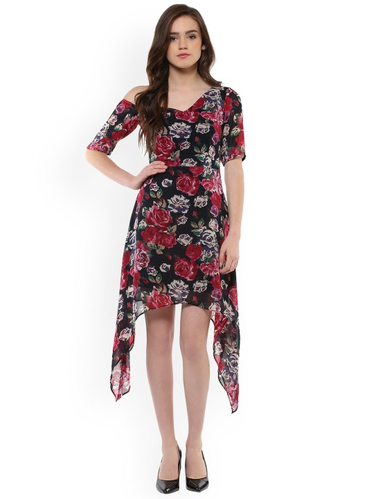 Women Black Printed A-Line Dress XS