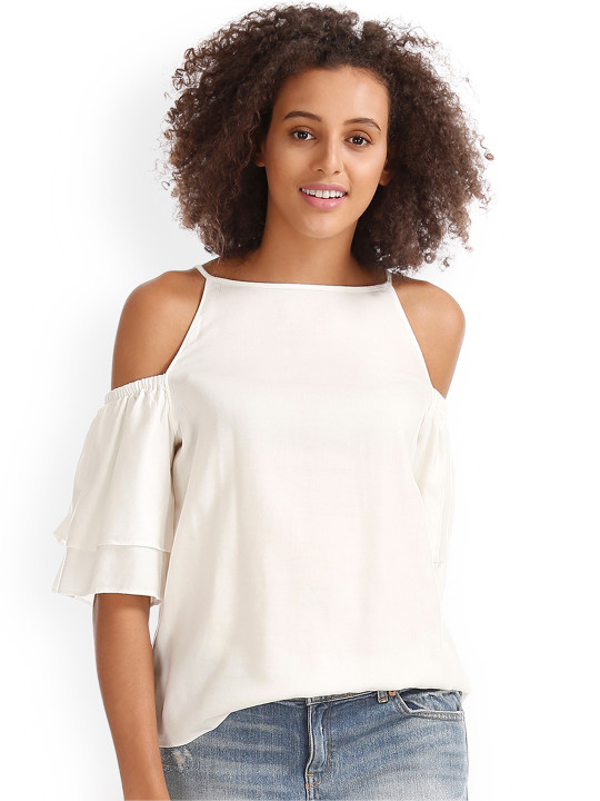 Women White Cold Shoulder Ruffle Sleeve Top XXS