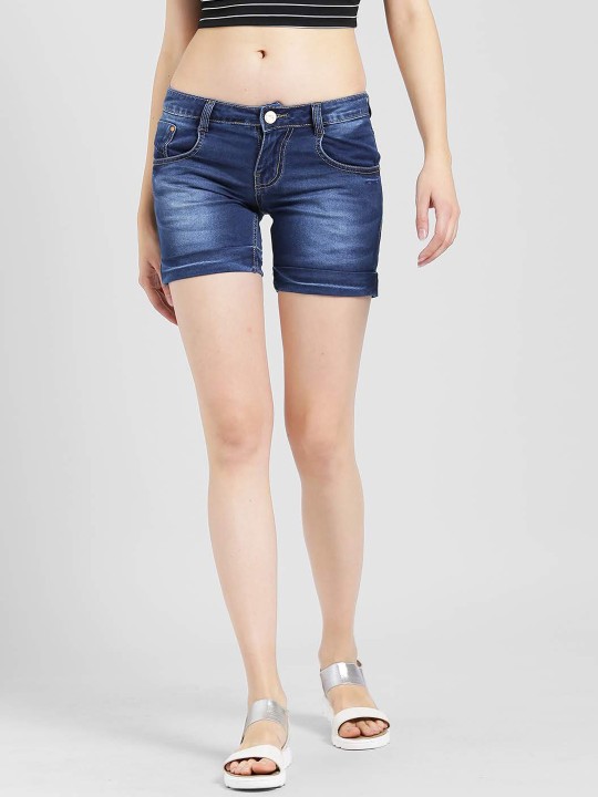 Women Navy Blue Washed Slim Fit Denim Shorts 28
