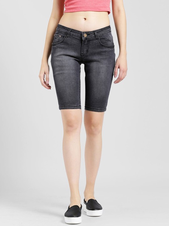 Women Charcoal Grey Washed Slim Fit Denim Shorts 28