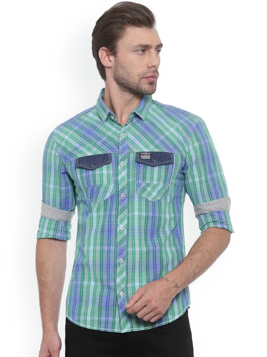 Men Green Slim Fit Checked Casual Shirt 40