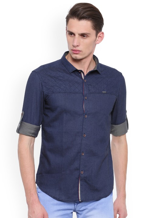 Men Navy Blue Slim Fit Solid Casual Denim Shirt 40