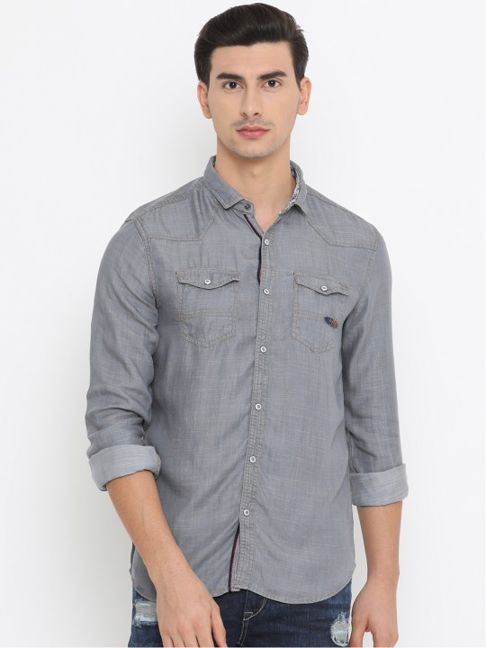 Men Grey Slim Fit Solid Casual Denim Shirt 44