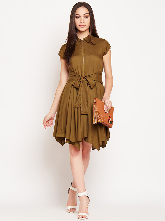 strapless open back dress Buy Wardrobe Olive Solid Shirt Dress with Belt from Westside
