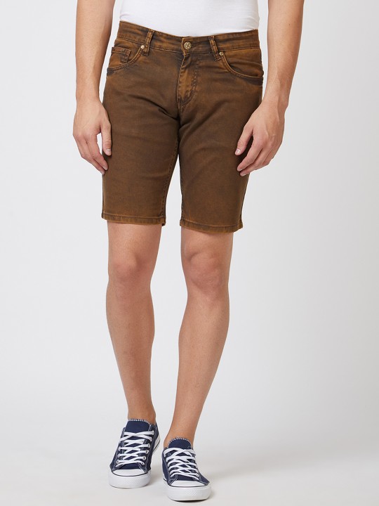 Men Brown Washed Skinny Fit Denim Shorts 30