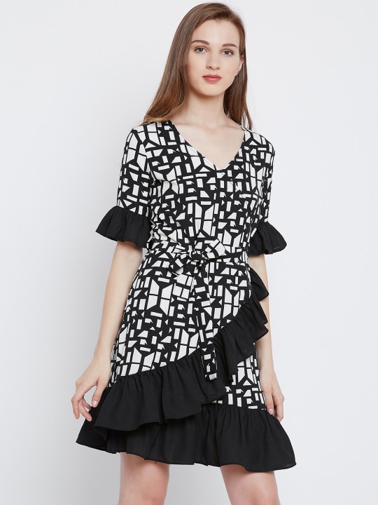 Women Black Printed Wrap Dress S