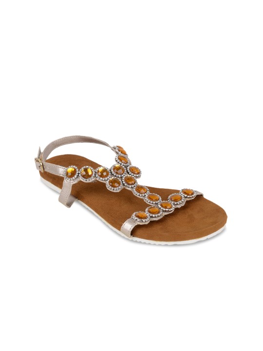 Women Gold-Toned Solid Synthetic Open Toe Flats 36