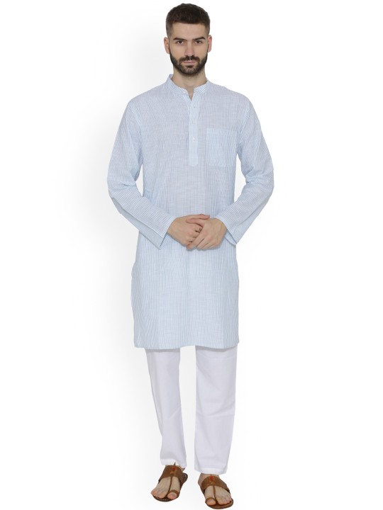 Men White & Blue Striped Straight Kurta S