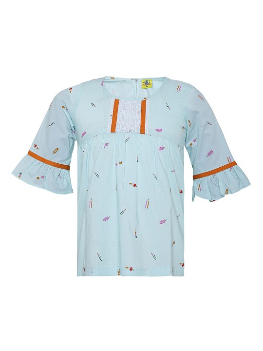 Girls Blue Printed Top 10-11Y