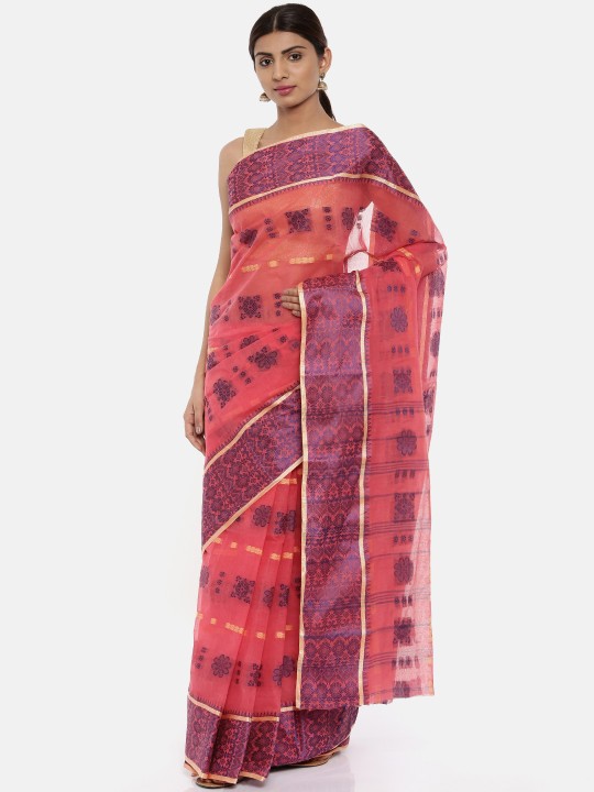 Peach-Coloured Cotton Woven Design Taant Saree