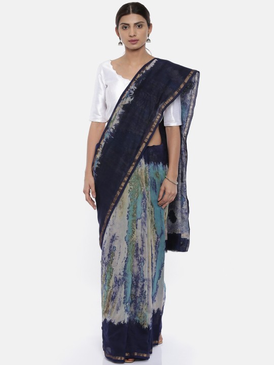 Blue Silk Cotton Printed Chanderi Saree