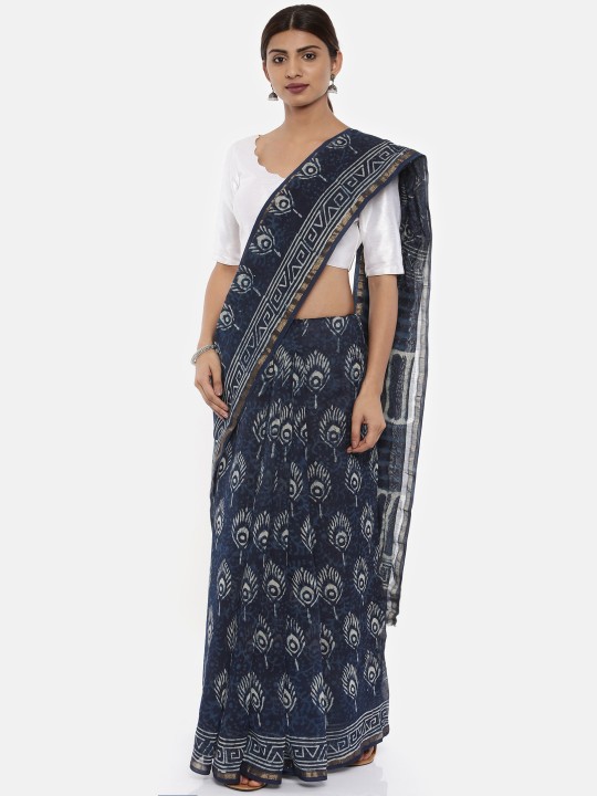 Blue Silk Cotton Printed Chanderi Saree
