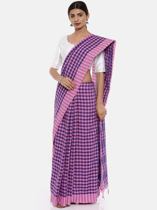Pink & Navy Blue Pure Cotton Checked Saree