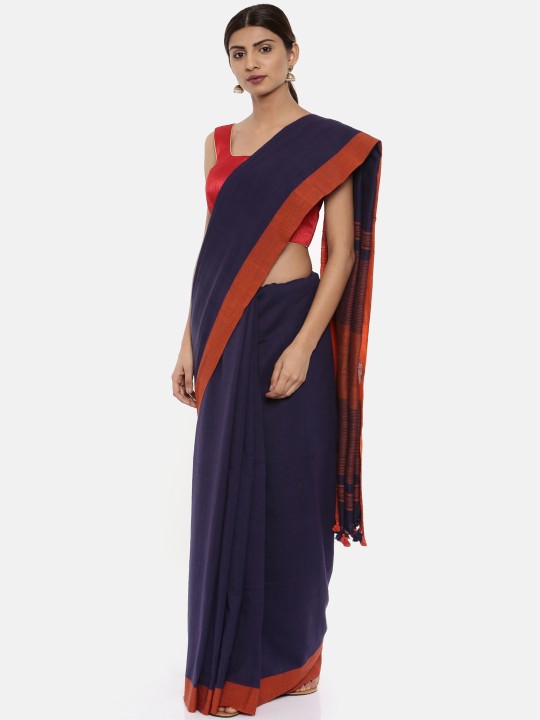 Navy Pure Cotton Solid Khadi Saree