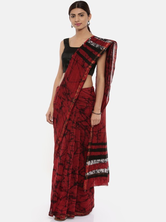 Red & Black Silk Cotton Printed Chanderi Saree