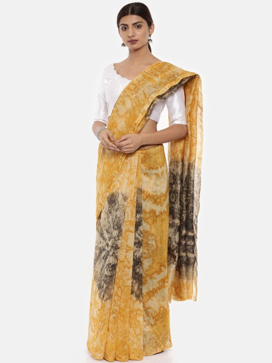 Yellow Silk Cotton Printed Chanderi Saree