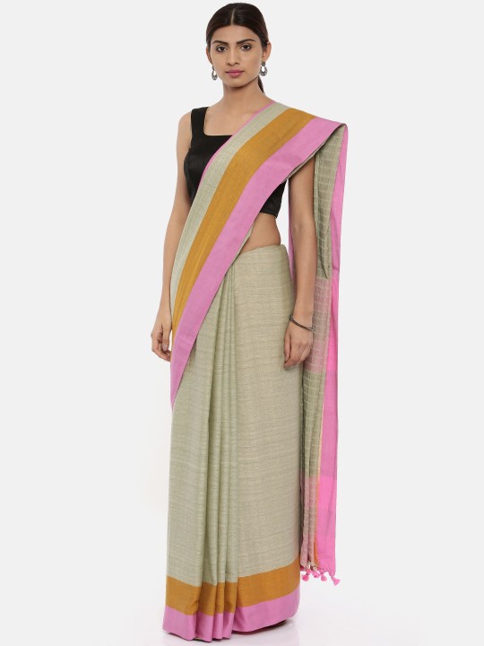 Grey & Pink Pure Woven Design Khadi Saree