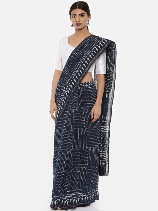 Navy Blue Silk Cotton Striped Chanderi Saree