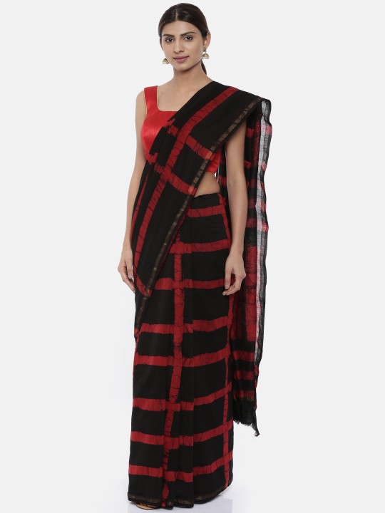 Black & Red Silk Cotton Checked Chanderi Saree