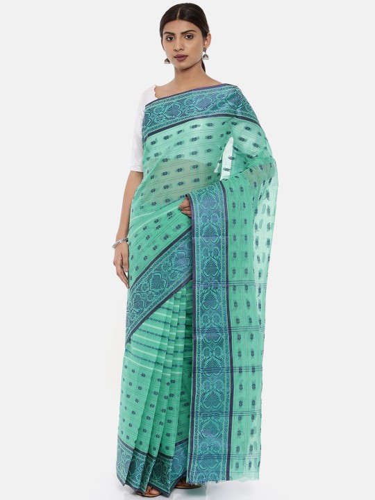 Turquoise Blue Cotton Woven Design Taant Saree