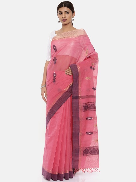 Pink Pure Cotton Solid Kanjeevaram Saree
