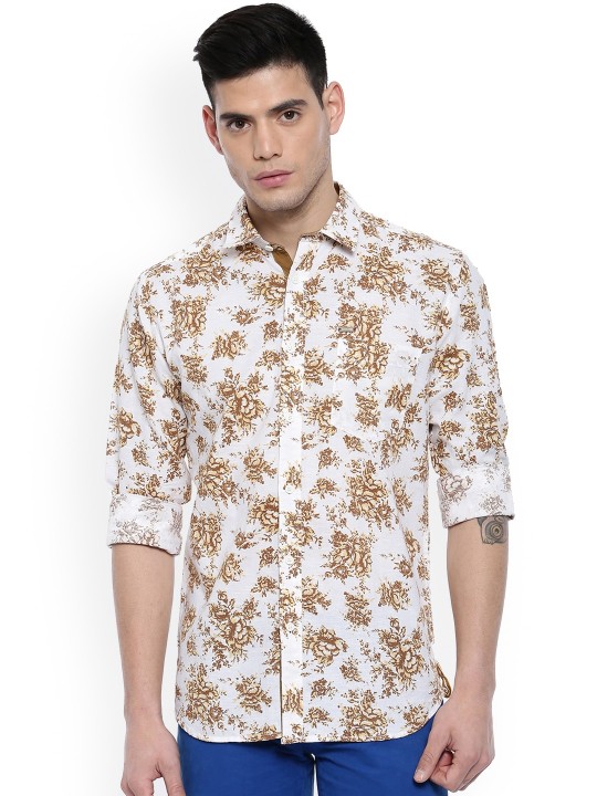 Men White & Brown Slim Fit Printed Casual Shirt 38