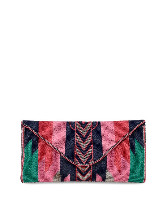 Pink & Navy Blue Embellished Envelope Clutch