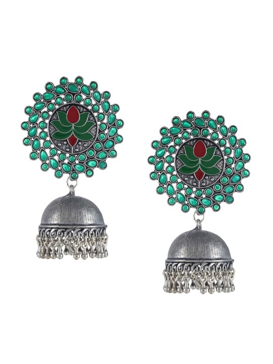 Silver-Plated & Green Dome Shaped Jhumkas