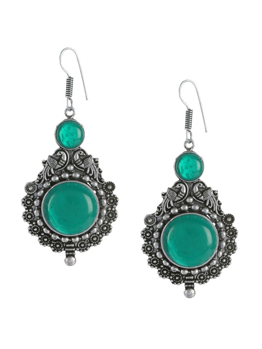 Green & Silver-Plated Dome Shaped Drop Earrings