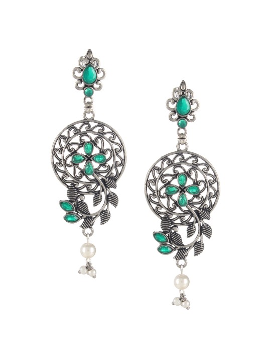 Silver-Plated & Green Dome Shaped Drop Earrings