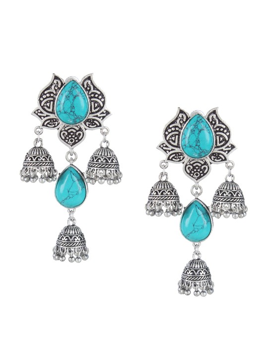 Blue Silver-Plated Dome Shaped Jhumkas