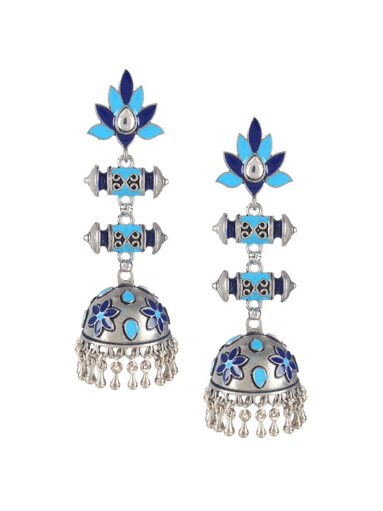 Silver-Plated & Blue Oxidised Dome Shaped Jhumkas