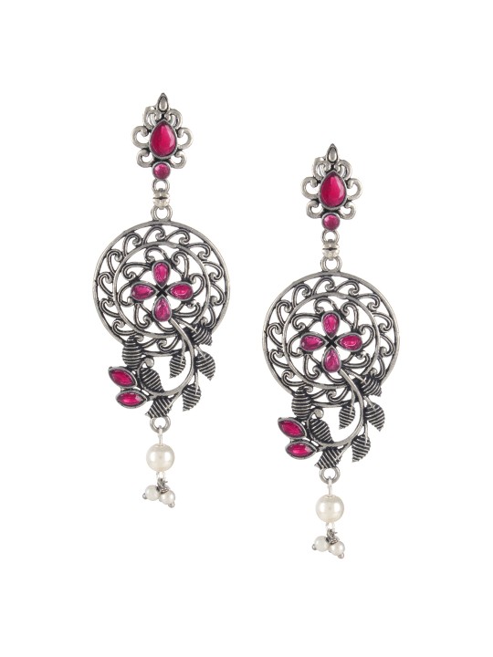 Pink & Silver-Toned Silver-Plated Circular Drop Earrings