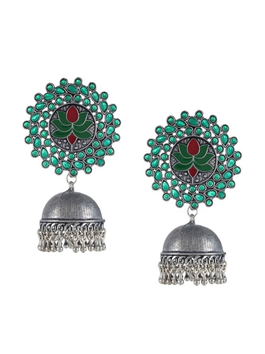 Silver-Plated & Green Oxidised Dome Shaped Jhumkas