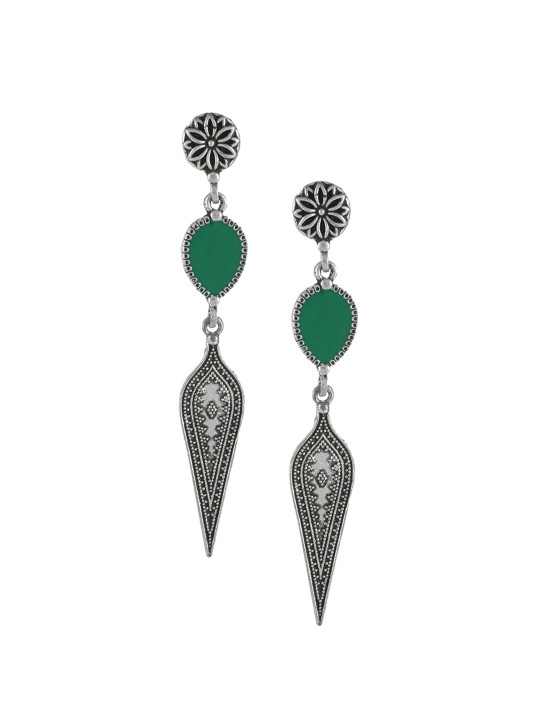 Silver-Toned & Green Dome Shaped Oxidised Drop Earrings
