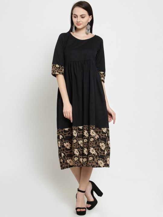 Women Black Printed Fit and Flare Dress XS