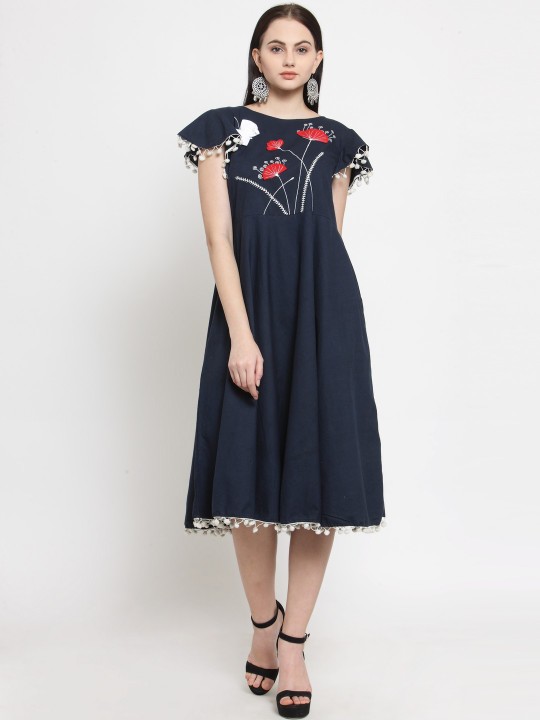 Women Blue Self Design Fit and Flare Dress XS