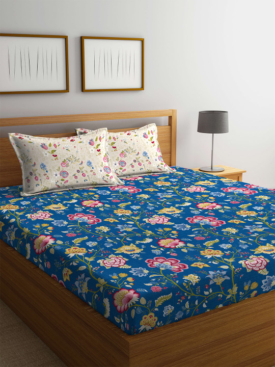Navy Blue Floral Fitted 144 Tc Cotton Queen Bedsheet With 2 Pillow
