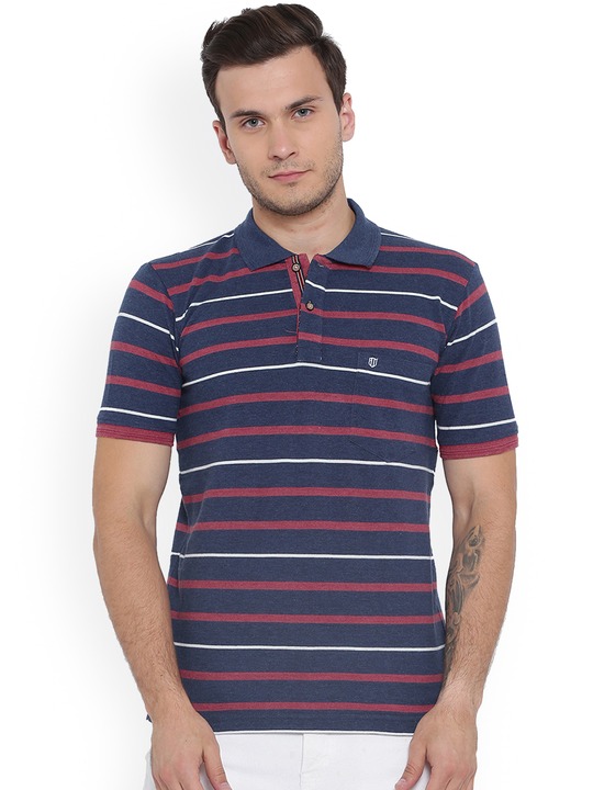 Men Navy Blue Striped Polo Collar T-shirt XL