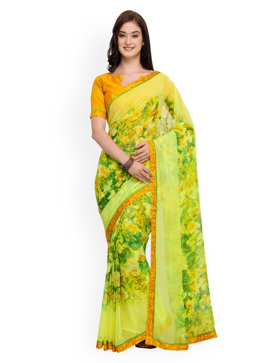 Green & Yellow Pure Georgette Printed Saree