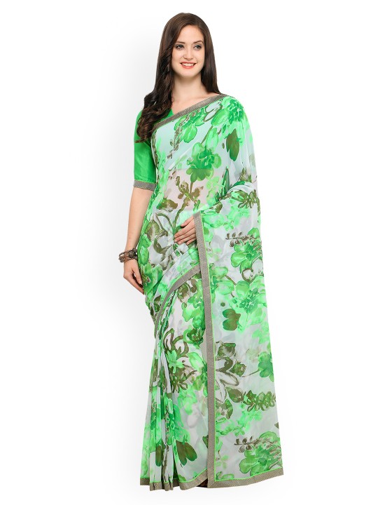 Green & White Pure Georgette Printed Saree