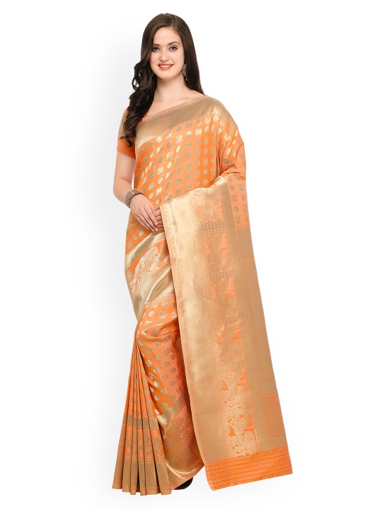 Orange & Silver-Coloured Pure Silk Woven Design Banarasi Saree