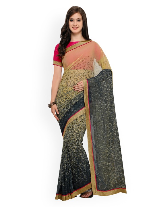 Beige & Black Pure Georgette Printed Saree