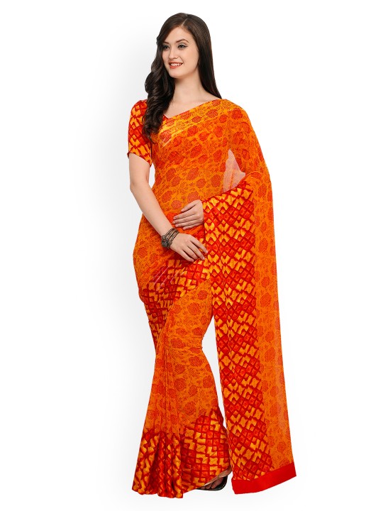Orange Printed Pure Silk Saree