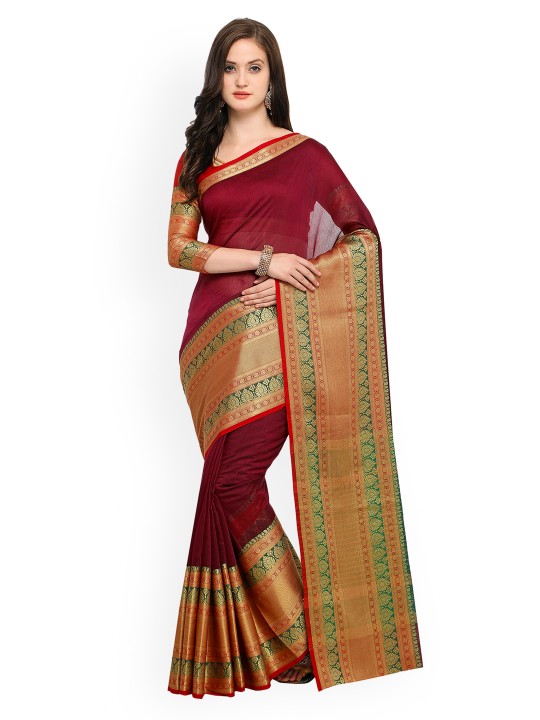 Maroon & Green Pure Silk Solid Banarasi Saree
