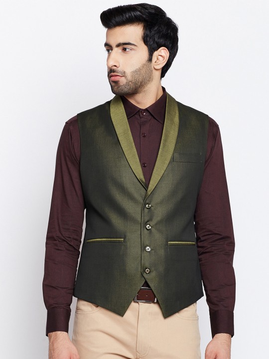 Men Olive Green Solid Waistcoat 36