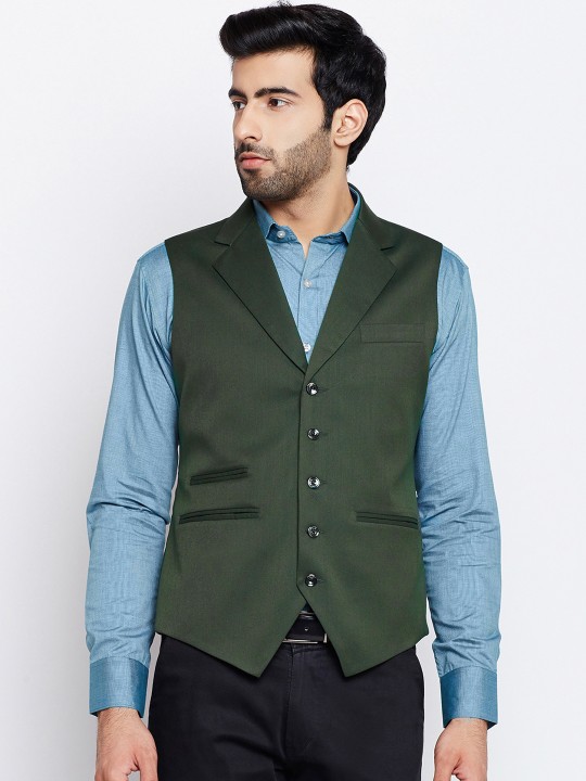 Men Olive Solid Waistcoat 36