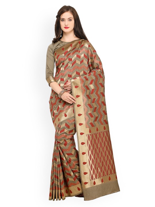 Beige & Red Pure Silk Printed Banarasi Saree